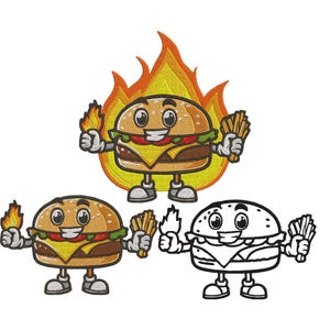 Puede incluir: Una hamburguesa de dibujos animados con una cara sonriente, sosteniendo una papa frita y una antorcha en llamas. La hamburguesa está en llamas y tiene una rebanada de queso amarillo, lechuga y tomate. La hamburguesa está en tres estilos diferentes: color, blanco y negro y contorno.