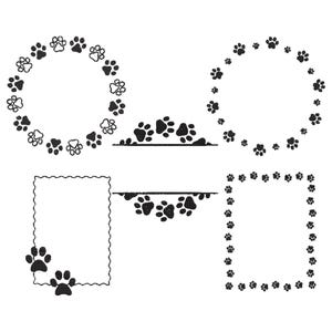 May include: Black and white paw print designs. The image features several frames and borders, including circular and rectangular shapes, all decorated with paw prints. The designs are suitable for pet-themed crafts and projects.