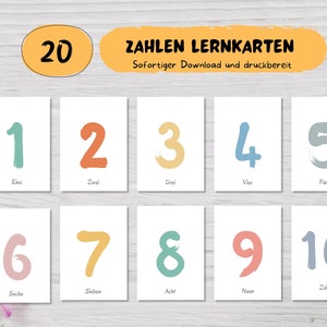 Zahlen Lernkarten 1-20, Zahlen lernen, Nummern Lernkarten, Deutsch Zahlen für Kindergarten und Vorschule, Digitaler Download