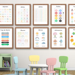Conjunto de carteles de aprendizaje para niños - PDF imprimible | Carteles montessori | Alfabeto, números, formas, colores y más, decoración de aulas y guarderías.