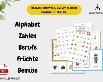 May include: A set of printable educational activity sheets for children. The sheets feature colorful illustrations of letters, numbers, professions, fruits, and vegetables. The text on the sheets reads "Alphabet", "Zahlen", "Berufe", "Früchte", "Gemüse", "ZAHLEN", "ALPHABET", and "Polizist".