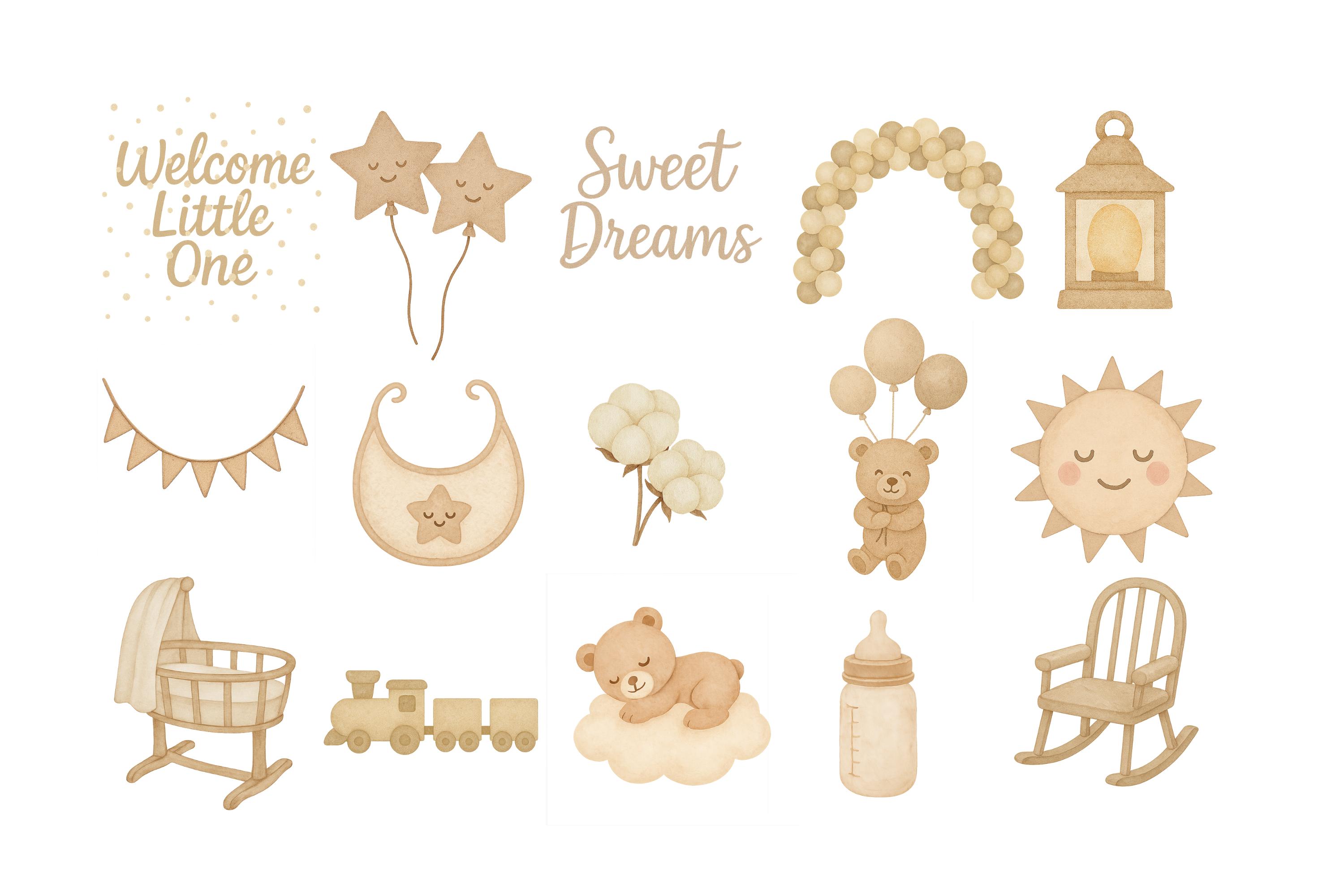 Neutral Baby Shower Clipart Bundle – 50 Watercolor PNG Elements ...