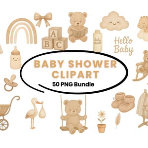 Könnte beinhalten: Eine Sammlung von Baby-Clipart in sanften Beigetönen. Enthält einen Kinderwagen, Teddybären, einen Regenbogen, Blöcke, eine Babyflasche, einen Schnuller und den Text "Baby Shower Clipart - 50 PNG Bundle".