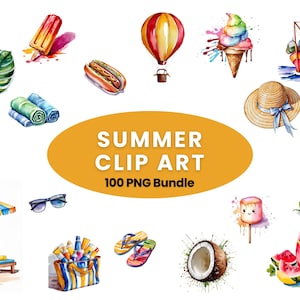 Könnte beinhalten: Aquarell-Clip-Art-Bundle mit Illustrationen zum Thema Sommer. Enthält einen Heißluftballon, ein Eis, einen Sonnenschirm und ein Fischerboot. Der Text "Summer Clip Art 100 PNG Bundle" ist ebenfalls enthalten.