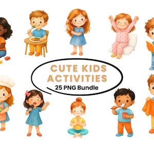Könnte beinhalten: Aquarellillustrationen von Kindern bei verschiedenen Aktivitäten, darunter Spielen mit Blöcken, Essen, Zähneputzen und Lesen. Das Bild enthält den Text "CUTE KIDS ACTIVITIES 25 PNG Bundle."