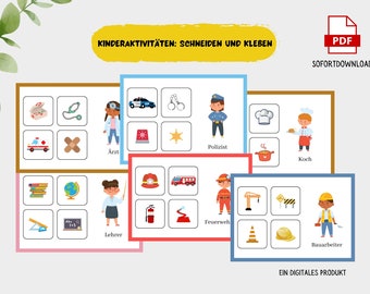 May include: A printable activity sheet for kids featuring images of different professions, including a doctor, police officer, chef, teacher, firefighter, and construction worker. The sheet includes cut-out images and instructions to "Schneiden und Kleben" (German for "cut and paste").