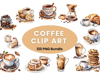 Coffee Clip Arts Bundle - 120 PNG Watercolor Coffee Images (300 DPI), Instant Download, Commercial Use, Coffee Art for Stickers, Invitations