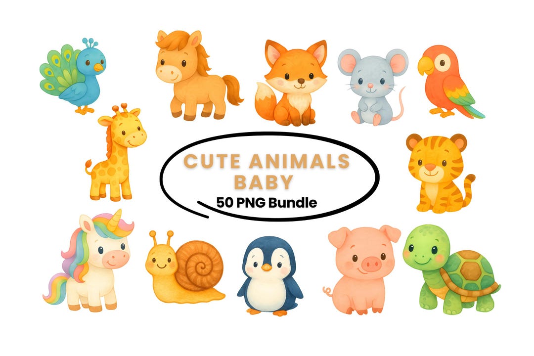 50 Cute Watercolor Baby Animals Watercolor Clipart Bundle - PNG, High ...