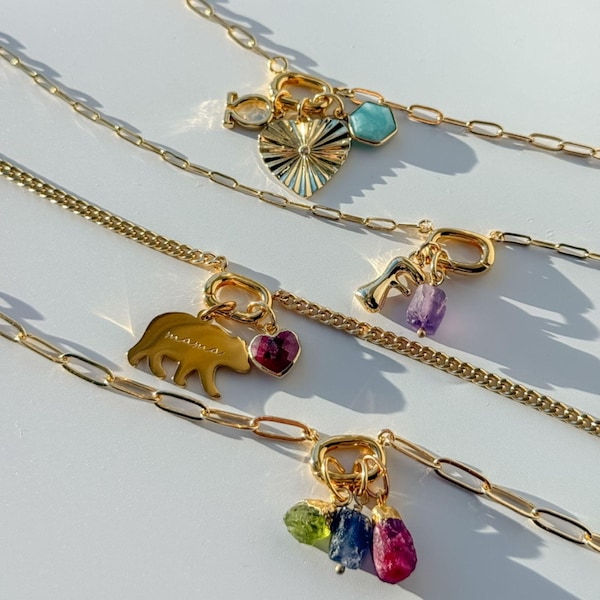 Custom Swappable Charm Necklace: Birthstone, Initial, Gemstone Pendants – Layering Jewelry
