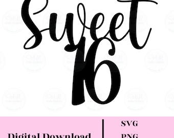 Pode incluir: Gráfico de download digital em preto e branco do texto "Sweet 16" em uma fonte cursiva.