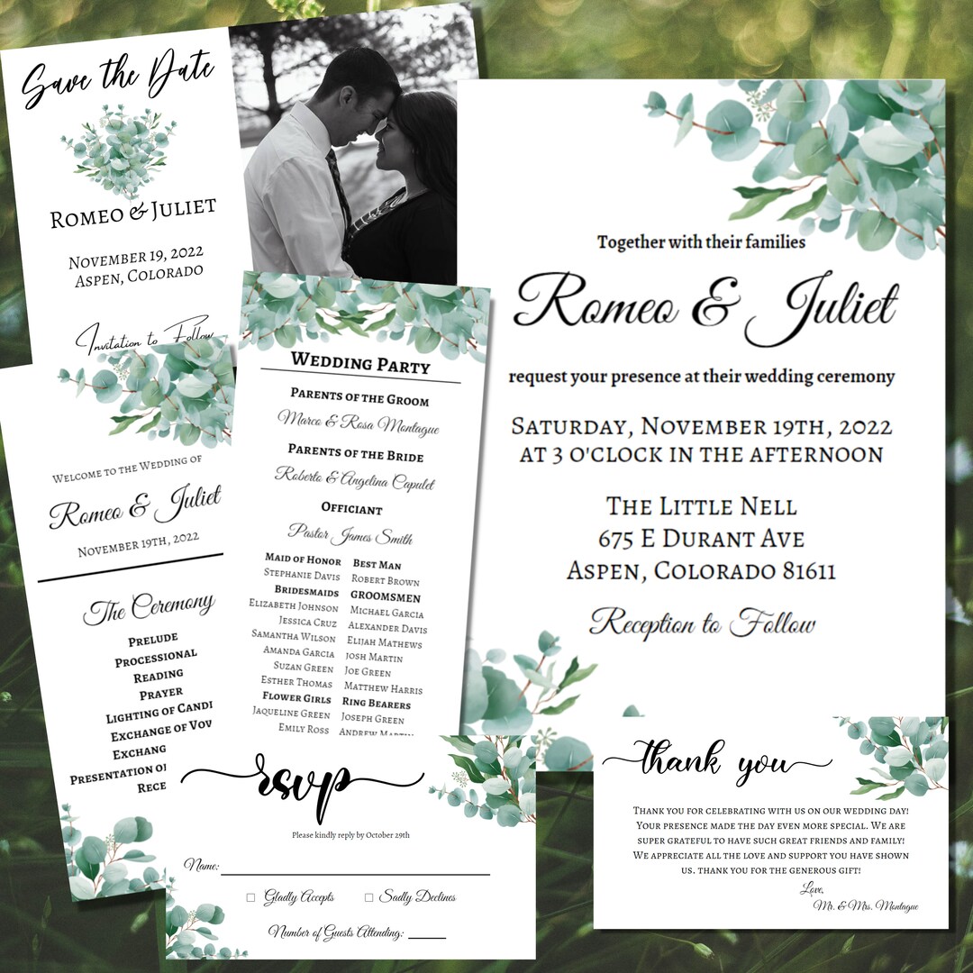 Eucalyptus Wedding Invitation Template Set, Eucalyptus Wedding