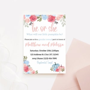 Gender Reveal Invitation, Digital Gender Reveal Invitation, Editable Invitation Template, He or She What Will Our Little Pumpkin Be, Canva
