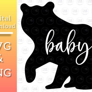 May include: Black silhouette of a bear with the word "baby" written in white cursive inside the bear's body.
