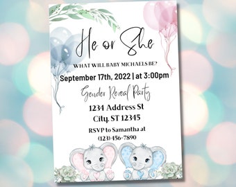 Gender Reveal Invitation Template, Elephant Gender Reveal Invitation, He or She, Gender Reveal Party Invite Template, Canva Editable