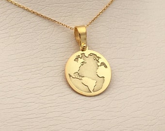 14k Solid Gold World Map Necklace, Personalized World Map Pendant, Earth Pendant, World Map Necklace, 14k Real Gold Earth Necklace