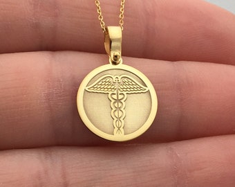 14k Solid Gold Caduseus Pendant, Personalized Caduseus Symbol Necklace, Medicine Symbol Pendant, Medical Alert Pendant, Medical ID Necklace