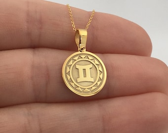14k Solid Gold Gemini Zodiac Pendant Necklace: Personalized Engraving