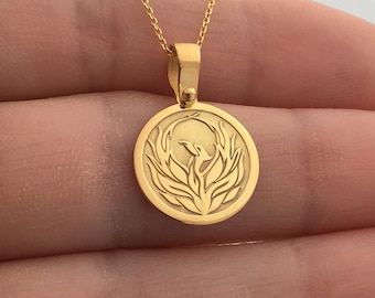 14k Solid Gold Phoenix Bird Necklace, Personalized Phoenix Bird Pendant, Bird Pendant, 14k Real Gold Phoenix Bird Necklace