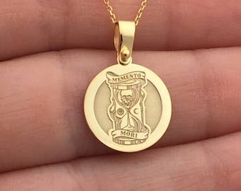 14k Solid Gold Memento Mori Necklace, Personalized Memento Mori Pendant, Skull Necklace, Stoic Medallion Skull Pendant, Amor Fati Necklace