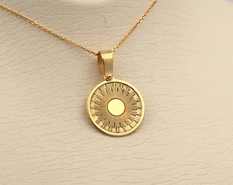14k Solid Gold Sun Necklace, Personalized Sun Pendant, Sunshine Necklace, 14k Real Gold Sun Pendant