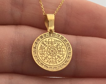 14k Solid Gold Viking Compass Necklace, Personalized Viking Compass Pendant, Vegvisir Pendant, 14k Real Gold Viking Compass Gift