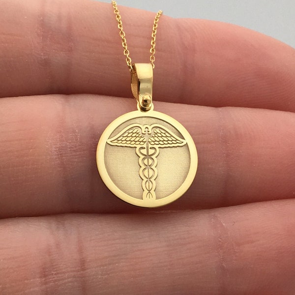 14k Solid Gold Caduseus Pendant, Personalized Caduseus Symbol Necklace, Medicine Symbol Pendant, Medical Alert Pendant, Medical ID Necklace