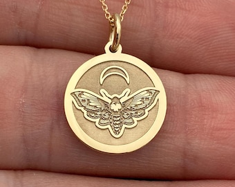 Dainty 14k Solid Gold Moth Pendant Necklace: Engraved Luna Moth Charm