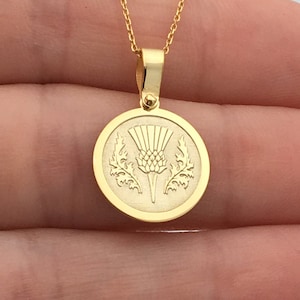 14k Solid Gold Thistle Necklace, Personalized Thistle Pendant, Scotland Symbol Necklace, 14k Real Gold Thistle Pendant