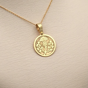 14k Solid Gold Thistle Necklace: Scotland Symbol Pendant