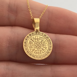 14k Solid Gold Vegvisir Pendant Necklace: Viking Compass Gift