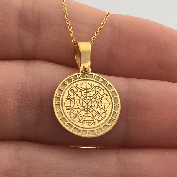 14k Solid Gold Viking Compass Necklace, Personalized Viking Compass Pendant, Vegvisir Pendant, 14k Real Gold Viking Compass Gift
