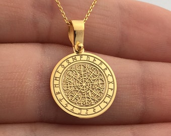 14k Solid Gold Viking Compass Necklace, Personalized Viking Compass Pendant, Vegvisir Pendant, 14k Real Gold Viking Compass Gift