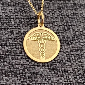14k Solid Gold Caduceus Pendant, Personalized Caduceus Symbol Necklace, Medicine Symbol Pendant, Medical Alert Pendant, Medical ID Necklace