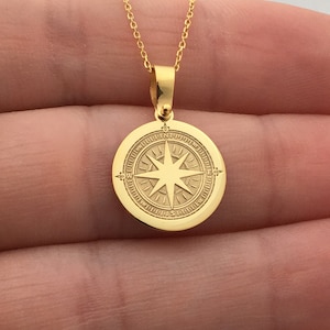 14k Solid Gold Kompass Halskette: Personalisierter Reisender Anhänger