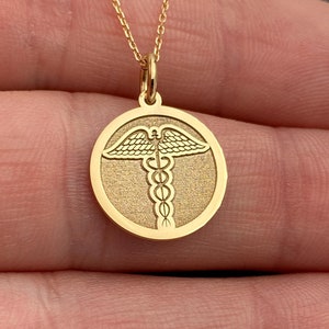 14k Solid Gold Caduceus Pendant, Personalized Caduceus  Symbol Necklace, Medicine Symbol Pendant, Medical Alert Pendant, Medical ID Necklace