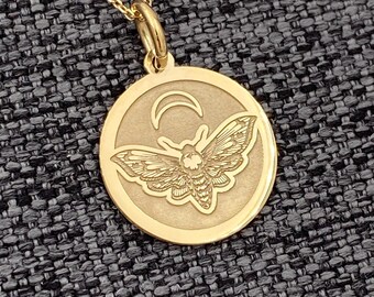 Dainty 14k Solid Gold Moth Pendant Necklace: Personalized Engraving