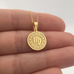 Collier pendentif zodiaque Vierge en or massif 14 carats : gravure personnalisée