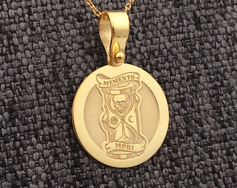 14k Solid Gold Memento Mori Necklace, Personalized Memento Mori Pendant, Skull Necklace, Stoic Medallion Skull Pendant, Amor Fati Necklace