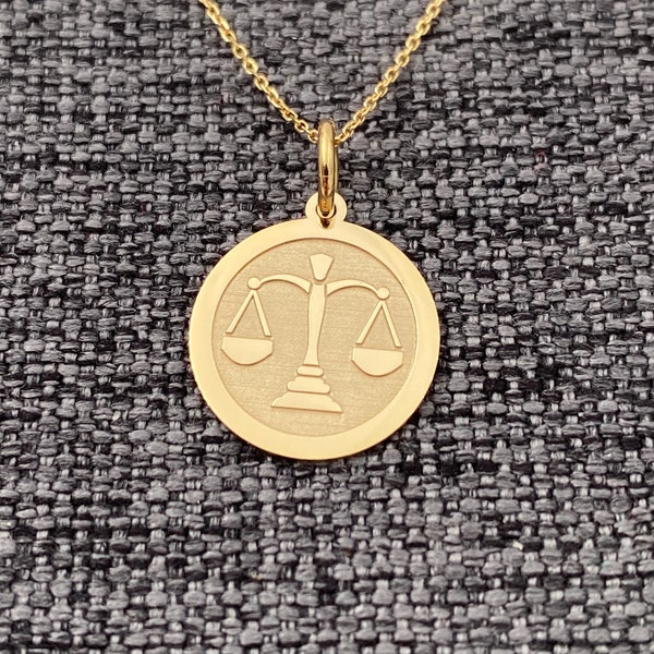 14k Solid Gold Scale of Justice Pendant: Personalized Libra Necklace