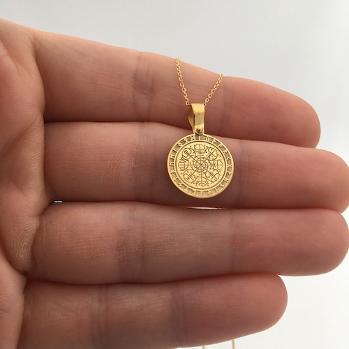 14K Solid Gold Viking Compass Necklace Gold Coin Vegvisir Etsy