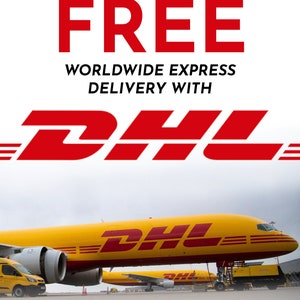 May include: Image features the word "FREE" in red, above "WORLDWIDE EXPRESS DELIVERY WITH" and the DHL logo. A yellow DHL airplane is on the ground, with a yellow DHL van and other DHL vehicles in the background.