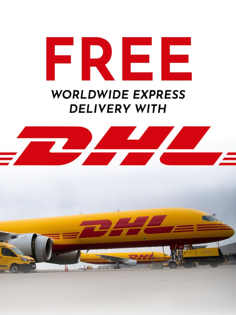 May include: Image features the word "FREE" in red, above "WORLDWIDE EXPRESS DELIVERY WITH" and the DHL logo. A yellow DHL airplane is on the ground, with a yellow DHL van and other DHL vehicles in the background.