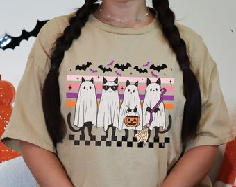 Cute Retro Ghost Black Cats Halloween Shirt, Ghost Cat Halloween Shirt, Spooky Season, Cat Lover Gift, Halloween Gift Cats Owner