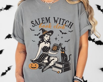 Retro Salem Witch Book Club Comfort Colors vintage Black Cat Book Lover Shirt Bookish Halloween Tee Salem Witches Spooky Season Fall Bookish