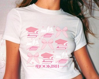 Bookish Coquette Bow Book Baby Tee Y2k Coquette Graphic tshirt 90s Baby Tee Y2K aesthetic 2000s crop top Girlhood baby tee Y2K aesthetic