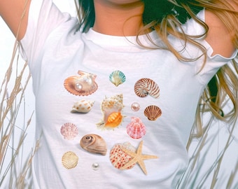 Camiseta para bebê Sea Shell Vintage Collage Estética Seashell Mermaidcore camiseta para bebê Oyster Crop Top Camiseta Costeira Neta Estética de Pescador