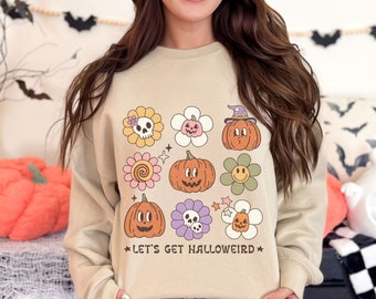 Let's get Halloweird bluza retro halloween koszula upiorny sezon koszula słodka czaszka dynia groovy halloween bluza z okrągłym dekoltem retro jesień t-shirt
