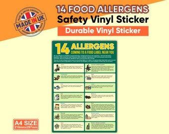 Letrero de vinilo con 14 alérgenos sobre higiene alimentaria, tamaño A4 (210 x 297 mm) para cafeterías, restaurantes, catering y letreros comerciales