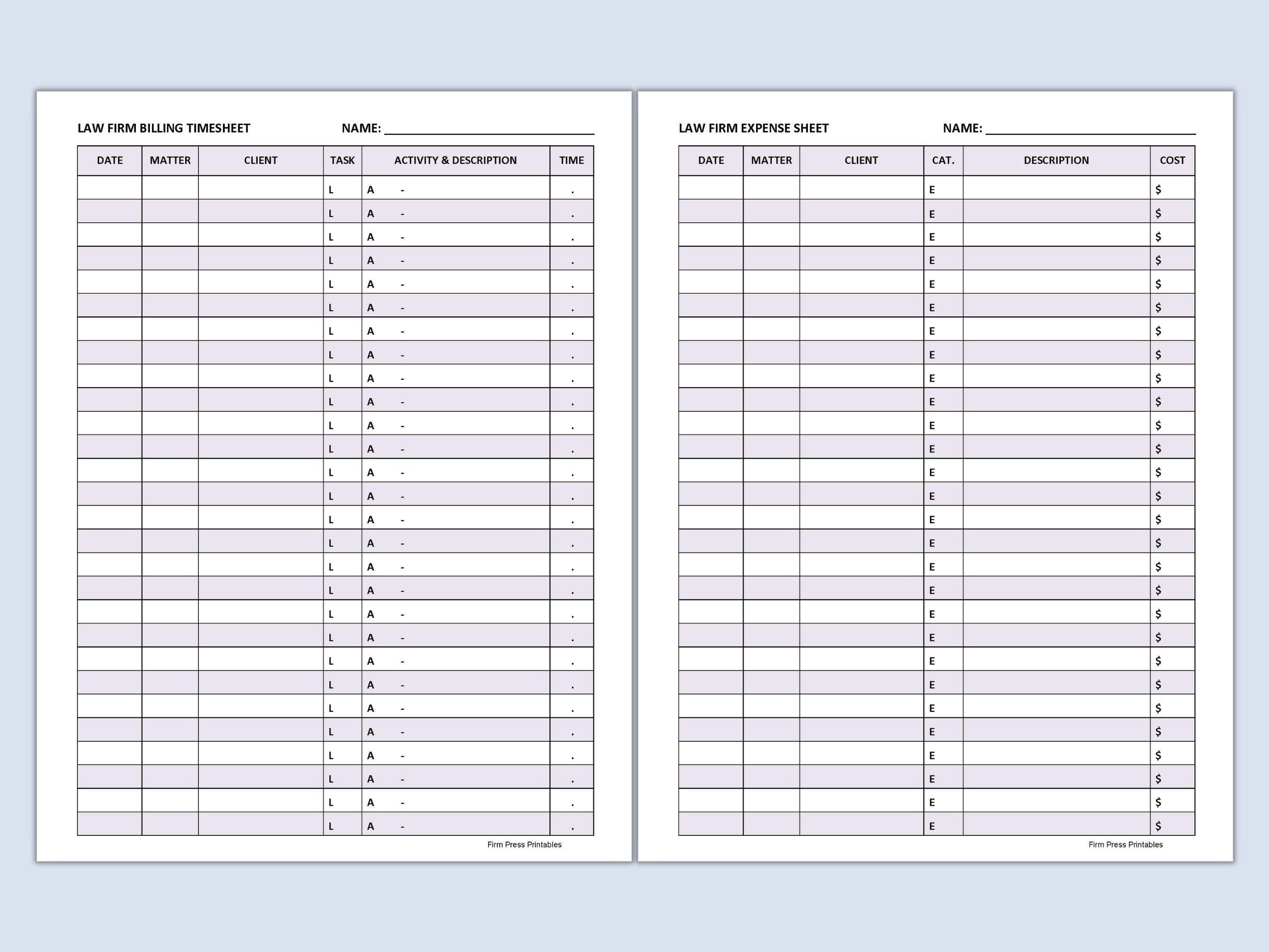 Attorney Timesheet Legal Timesheets Lawyer Time Sheet Law Office Time Attorney Time Tracking
