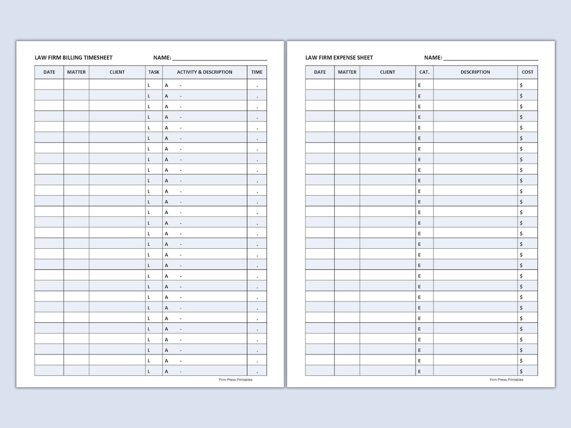 Attorney Timesheet Legal Timesheets Lawyer Time Sheet Law Office Time Attorney Time Tracking